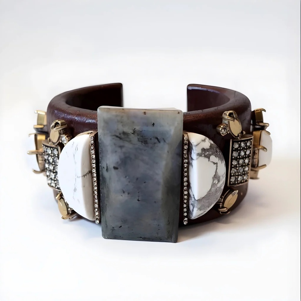Vintage J.Crew Statement Wood & Stone Cuff Bracelet Gold Crystal